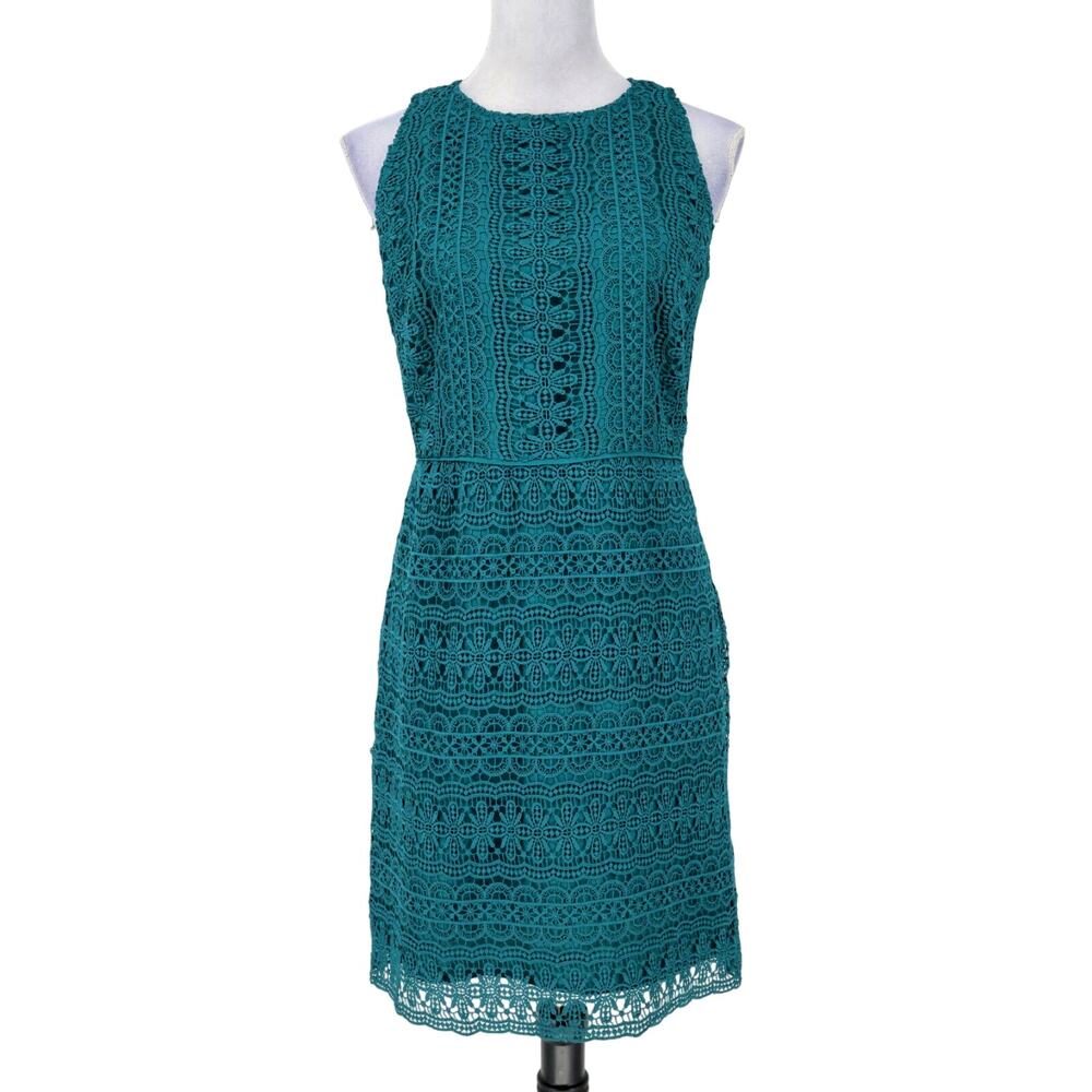 Loft Dress Womens 4 Green Lace Sheath Lined Back Zip Sleeveless Wedding Party